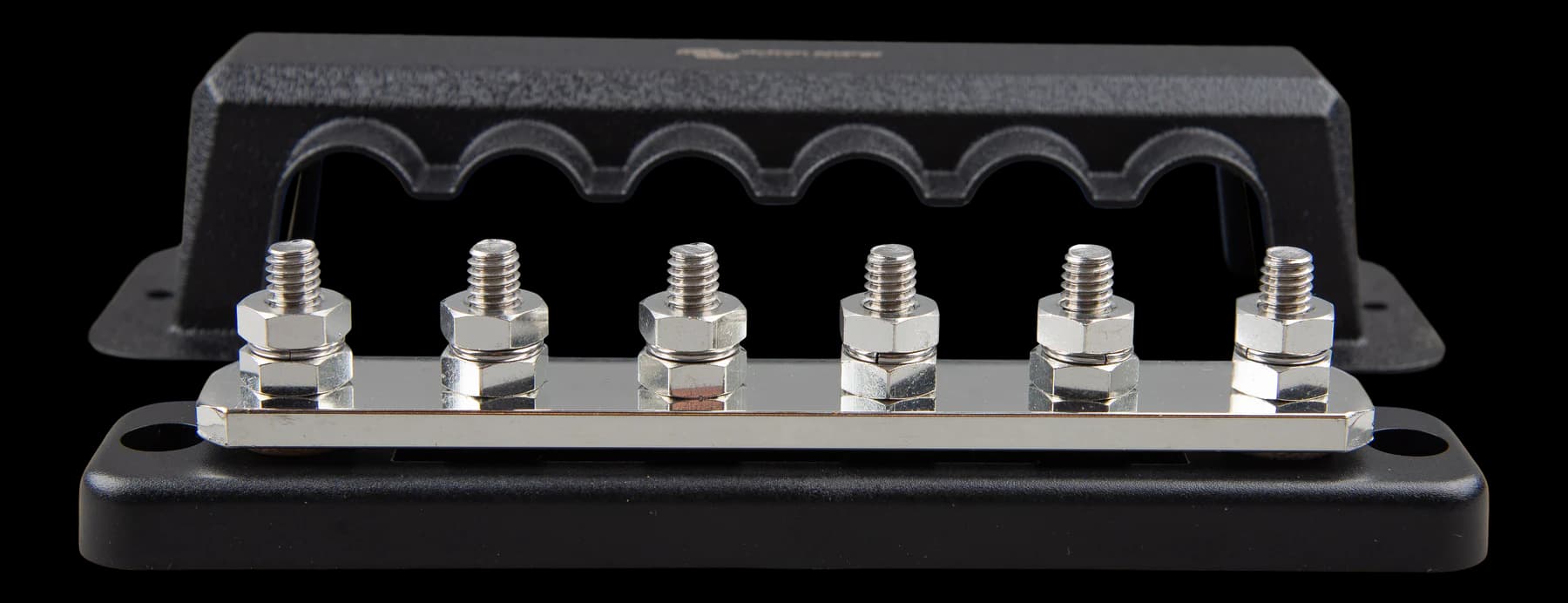 Victron busbar 250 A / 6 poles, front view with six connection points and cover